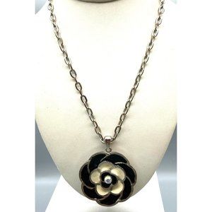 Vintage Dimensional Flower Pendant Necklace, Black and White Enamel Bloom